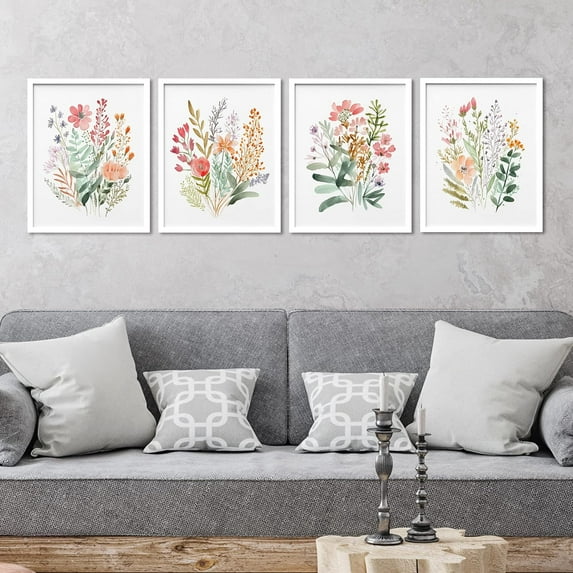 PixonSign 4 PCS Adhesive Canvas Poster Colorful Wildflower Framed Wall Prints Forest Bouquet Multicolor Botanical Floral Digital Art Set Nature Wilderness Modern Art Decor - 11"x14" White