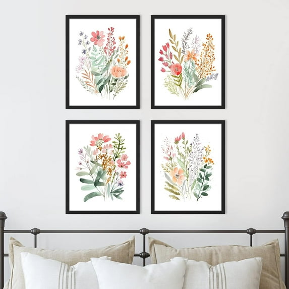 PixonSign 4 PCS Adhesive Canvas Poster Colorful Wildflower Framed Wall Prints Forest Bouquet Multicolor Botanical Floral Digital Art Set Nature Wilderness Modern Art Decor - 12"x16" Black