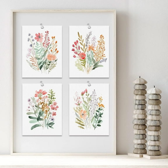 PixonSign 4 PCS Adhesive Canvas Poster Colorful Wildflower Frameless Wall Prints Forest Bouquet Multicolor Botanical Floral Digital Art Set Nature Wilderness Modern Art Decor - 8"x10"