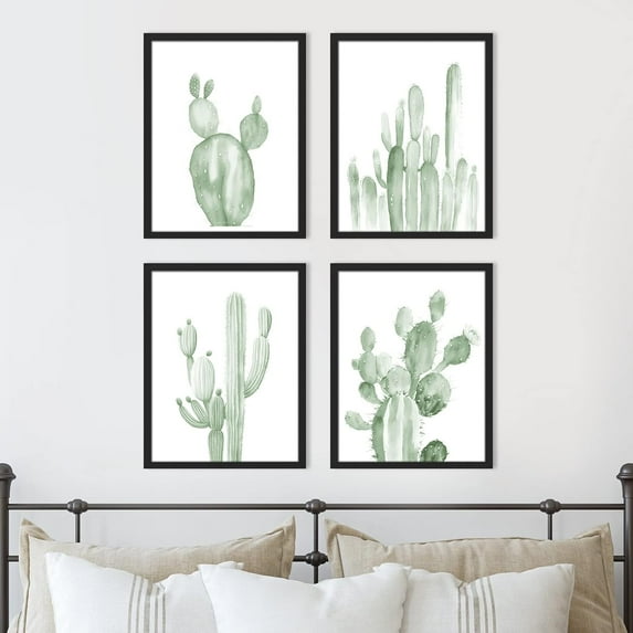 PixonSign 4 PCS Adhesive Canvas Poster Pastel Southwest Desert Cactus Prints Nature Wilderness Digital Modern Art Decorative Multicolor Botanical Floral Elements Art Set for Home - 11"x14" Black