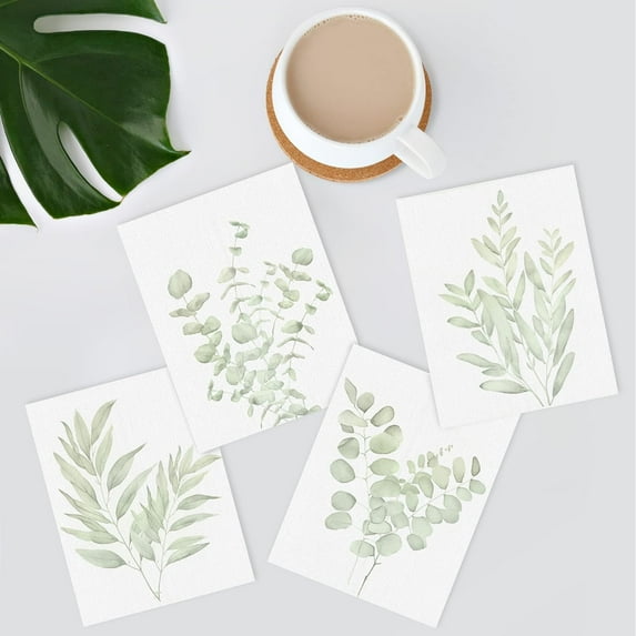 PixonSign 4 PCS Adhesive Canvas Poster Pastel Watercolor Green Plants Frameless Wall Prints Nature Wilderness Digital Modern Art Decor Multicolor Botanical Floral Elements Artwork - 11"x14"