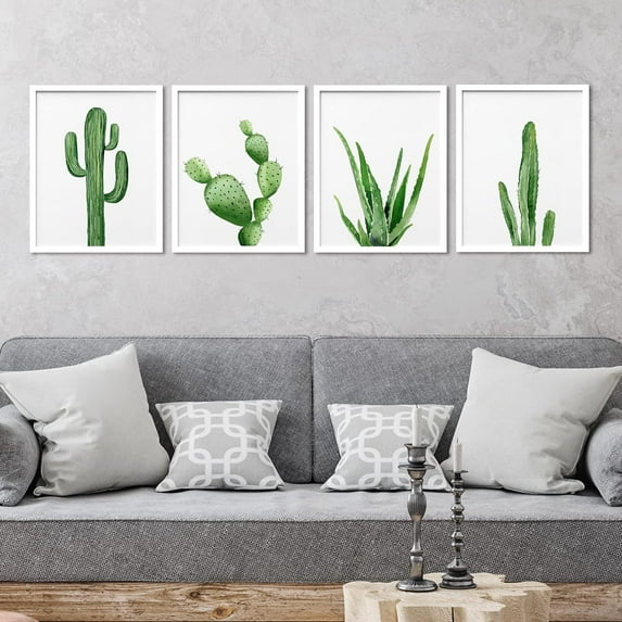 PixonSign 4 PCS Adhesive Canvas Poster Vibrant Green Cactus Snake Plants Framed Wall Prints Nature Wilderness Digital Art Decorative Multicolor Botanical Floral Artwork - 11"x14" White