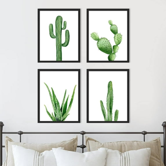 PixonSign 4 PCS Adhesive Canvas Poster Vibrant Green Cactus Snake Plants Framed Wall Prints Nature Wilderness Digital Art Decorative Multicolor Botanical Floral Artwork - 12"x16" Black