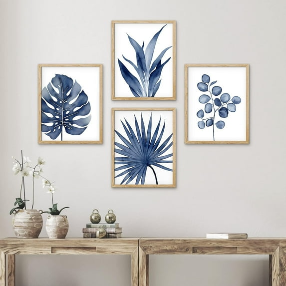 PixonSign 4 PCS Adhesive Canvas Poster Watercolor Blue Tropical Leaves Framed Wall Art Nature Wilderness Digital Modern Art Decorative Botanical Floral Elements Print Set - 11"x14" Natural