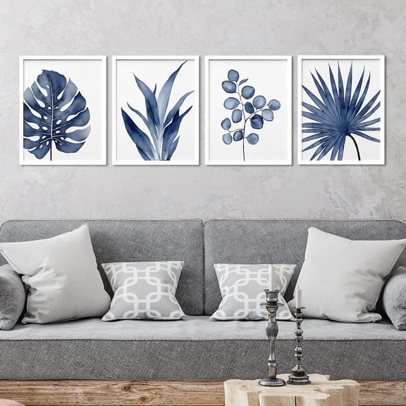 PixonSign 4 PCS Adhesive Canvas Poster Watercolor Blue Tropical Leaves Framed Wall Art Nature Wilderness Digital Modern Art Decorative Botanical Floral Elements Print Set - 12"x16" White