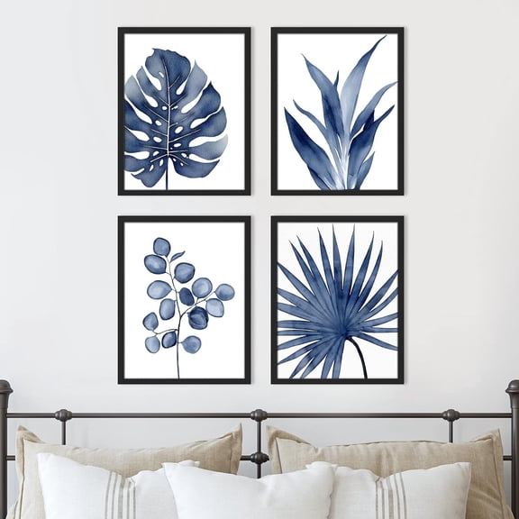 PixonSign 4 PCS Adhesive Canvas Poster Watercolor Blue Tropical Leaves Framed Wall Art Nature Wilderness Digital Modern Art Decorative Botanical Floral Elements Print Set - 11"x14" Black