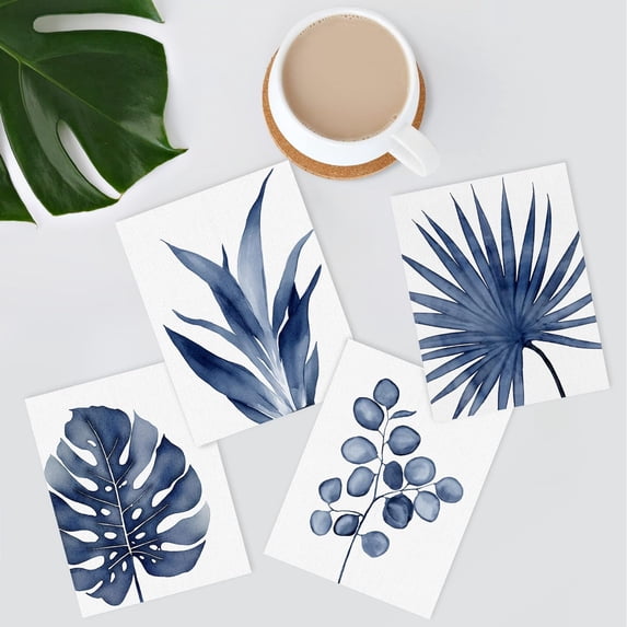 PixonSign 4 PCS Adhesive Canvas Poster Watercolor Blue Tropical Leaves Frameless Wall Art Nature Wilderness Digital Modern Art Decorative Botanical Floral Elements Print Set - 11"x14"