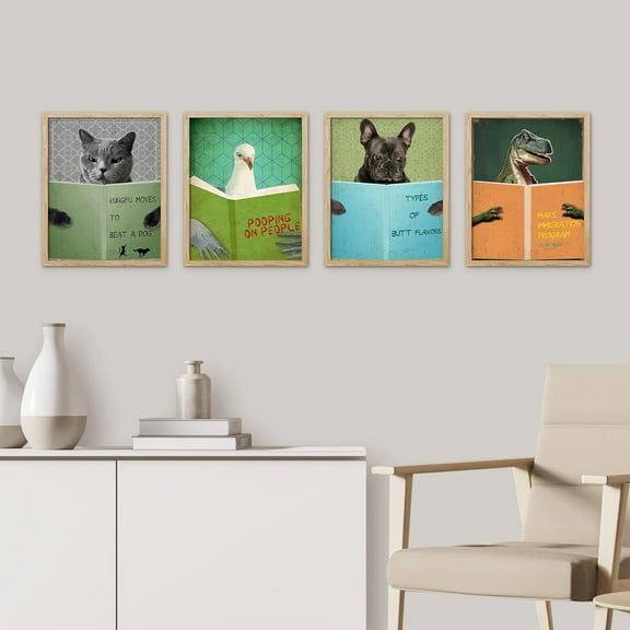 PixonSign 4 PCS Adhesive Canvas Posters, Cat Bird Dinosaur Dog Prints, Animals Reading Funny Veterinarian Office Wall Art, Animal Wall Decor for Living Room, Bedroom, Bathroom - 8"x10" Natural