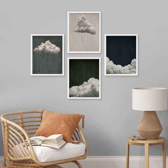 PixonSign 4 PCS Adhesive Canvas Posters Grunge Pastel Watercolor Storm Cloud Collage Prints Nature Wilderness Minimalism Decorative Rustic Artwork for Living Room, Bedroom, Office -8"x10" White