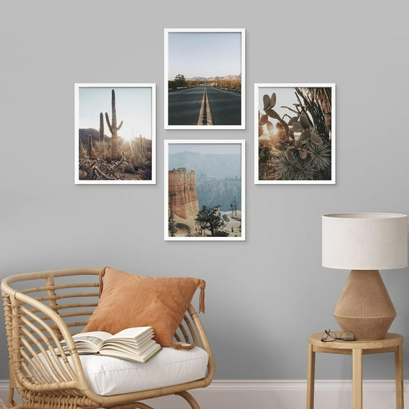 PixonSign 4 PCS Adhesive Canvas Posters Southwest Texas Arizona Saguaro Cactus Desert Landscape Prints Nature Wilderness Photography Modern Art Decor Retro Scenic Artwork for Bedroom - 11"x14" White
