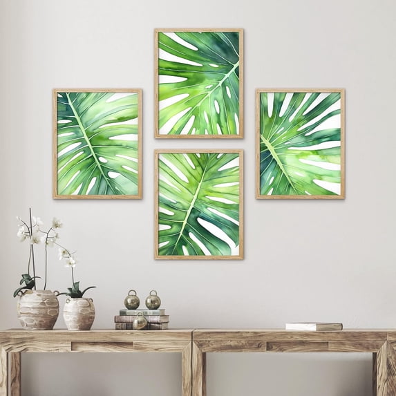 PixonSign 4 PCS Adhesive Canvas Posters Tropical Jungle Island Palm Leaf Collage Framed Wall Prints Nature Wilderness Digital Modern Art Decorative Floral Zen Botanical Artwork - 8"x10" Natural