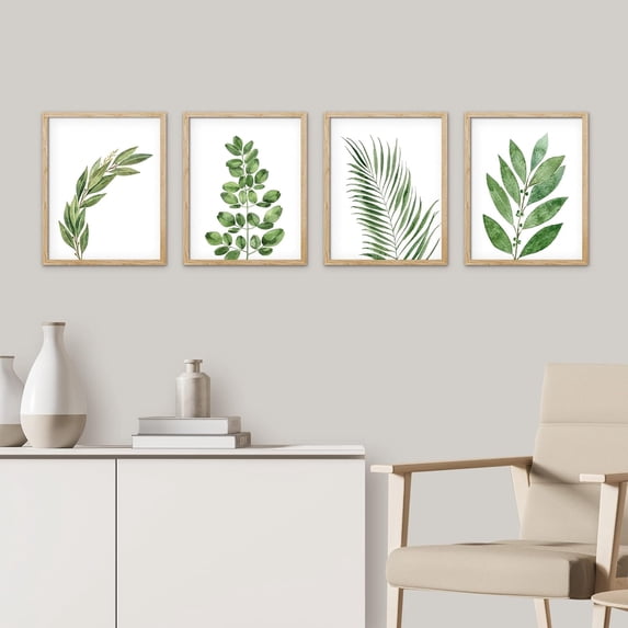 PixonSign 4 PCS Framed Wall Art Set Dark Green Pastel Palm Leaf Prints Variety Nature Wilderness Plant Art Floral Botanical Tree Vine Leaves Posters Modern Artwork Wall Décor - 12"x16" Natural