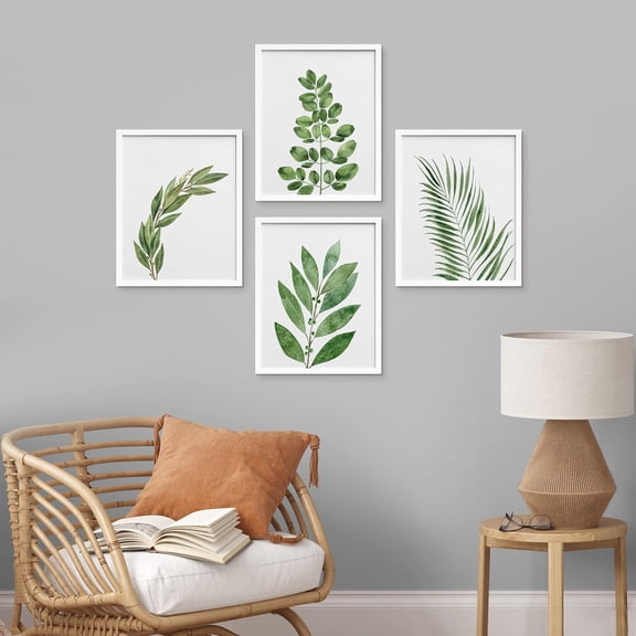 PixonSign 4 PCS Framed Wall Art Set Dark Green Pastel Palm Leaf Prints Variety Nature Wilderness Plant Art Floral Botanical Tree Vine Leaves Posters Modern Artwork Wall Décor - 12"x16" White