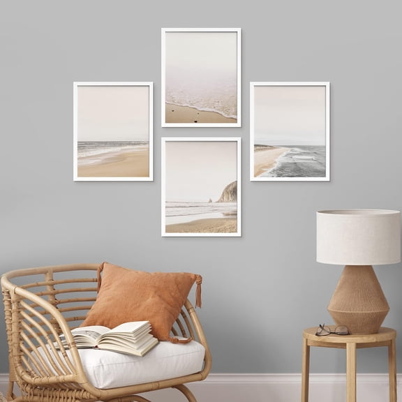 PixonSign 4 PCS Posters Sea Wave Wall Art Set White Minimalist Ocean Beach Seashore Landscape Prints Room Decor Nature Wilderness Multicolor Artwork for Living Room, Bedroom, Office - 12"x16" White