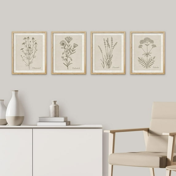 PixonSign 4 PCS Vintage Classic Wildflower Poster Plant Collage Nature Wilderness Plant Framed Wall Art Floral Botanical Room Decor Multicolor for Living Room, Bedroom, Office - 8"x10" Natural