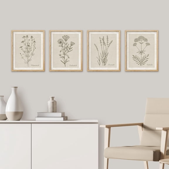 PixonSign 4 PCS Vintage Classic Wildflower Poster Plant Collage Nature Wilderness Plant Framed Wall Art Floral Botanical Room Decor Multicolor for Living Room, Bedroom, Office - 8"x10" Natural