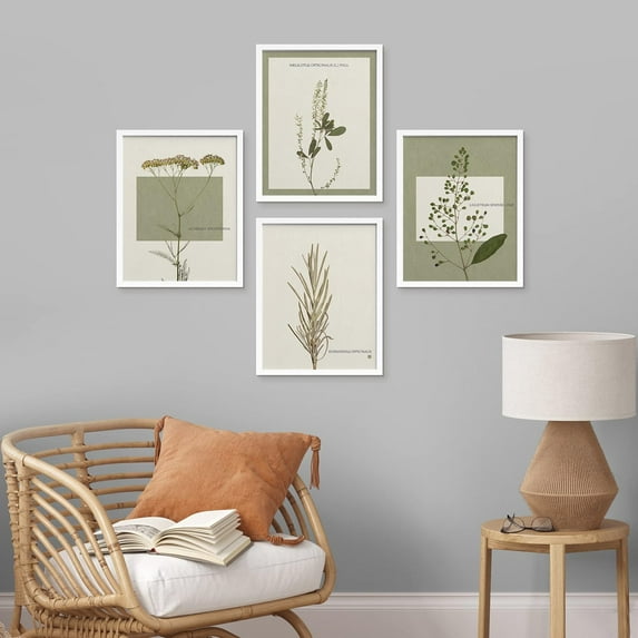 PixonSign 4 PCS Wilderness Plant Poster Set Geometric Square Duotone Plants Prints Flower Framed Wall Art Floral Botanical Nature Artwork Rustic Decor for Bedroom, Office - 12"x16" White