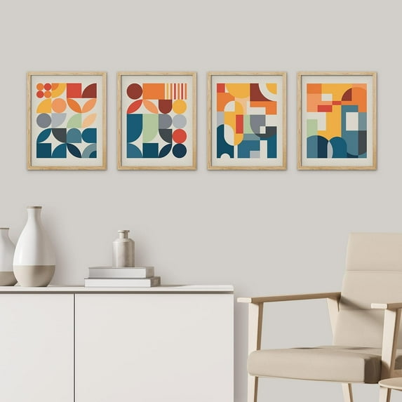 PixonSign 4PCS Adhesive Canvas Posters Mid-Century Modern Colorful Geometric Polygons Abstract Digital Art Modern Combination Graphics Art Decor Zen Relax/Calm Multicolor for Bedroom - 8"x10" Natural