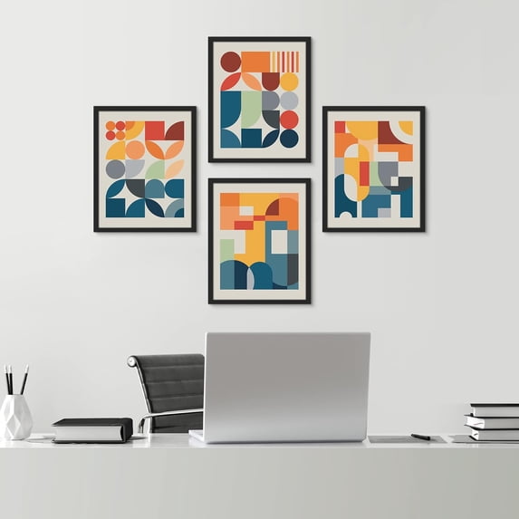 PixonSign 4PCS Adhesive Canvas Posters Mid-Century Modern Colorful Geometric Polygons Abstract Digital Art Modern Combination Graphics Art Decor Zen Relax/Calm Multicolor for Bedroom - 8"x10" Black