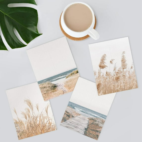 PixonSign 4PCS Posters White Pampas Grass Beach Ocean Shore Horizon Nature Wilderness Realism Landscape Prints Modern Room Decor Wall Art for Living Room, Bedroom, Office, Bathroom - 8"x10"