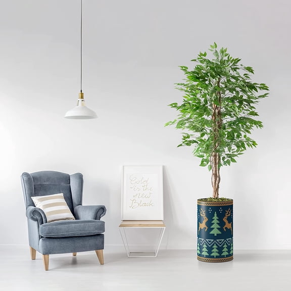 PixonSign 4ft Artificial Trees Ficus Tree with Christmas Trees & Dancing Reindeers Illustration Vase Modern Indoor Silk Floor Fake Plant Christmas Decoration for Home or Office