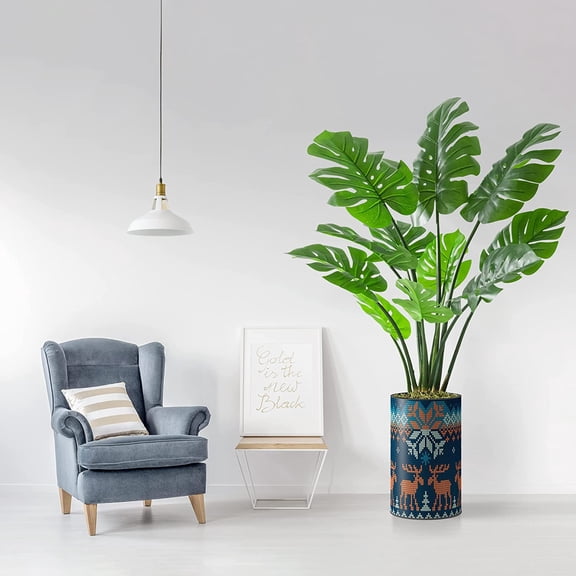 PixonSign 4ft Artificial Trees Monstera Tree with Snowflakes & Reindeers Illustration Vase Modern Indoor Silk Floor Fake Plant Christmas Decoration for Home or Office