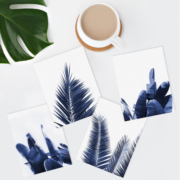 PixonSign Adhesive Canvas Poster Navy Blue Tropical Island Palm & Banana Leaf Collage Prints Nature Wilderness Photography Art Realism Decorative for Living Room, Bedroom, Office - 8"x10"