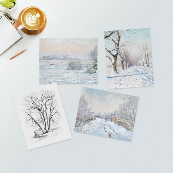PixonSign Adhesive Canvas Poster, Wall Art Winter Snowy Trees, Set of 4 Classic Countryside Wall Decor Arts, White Frozen Forest Wall Décor, Modern Home Artwork - 8"x10"