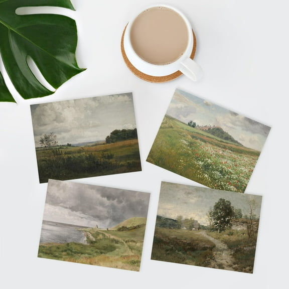 PixonSign Adhesive Canvas Posters, Classic Rural Countryside Flower Landscapes Wall Art Prints, Set of 4 Nature Wilderness Paintings, Minimalism Wall Décor for Home Decor - 8"x10"