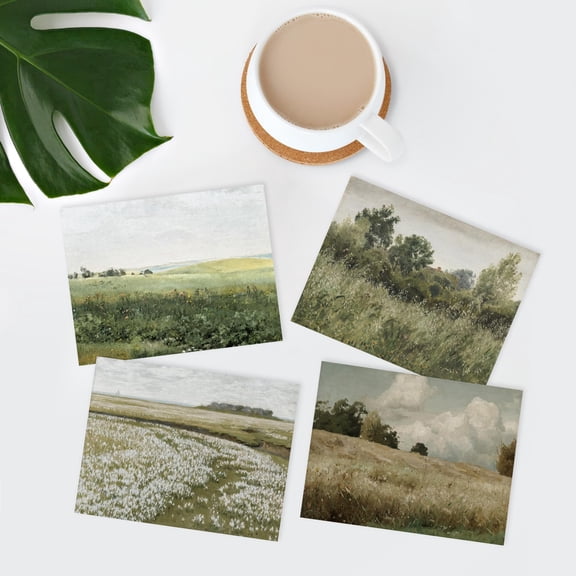 PixonSign Adhesive Canvas Posters, Green Meadow Countryside Fields Landscapes Wall Art Prints, Set of 4 Nature Wilderness Paintings, Minimalism Wall Décor for Home Decor - 12"x16"