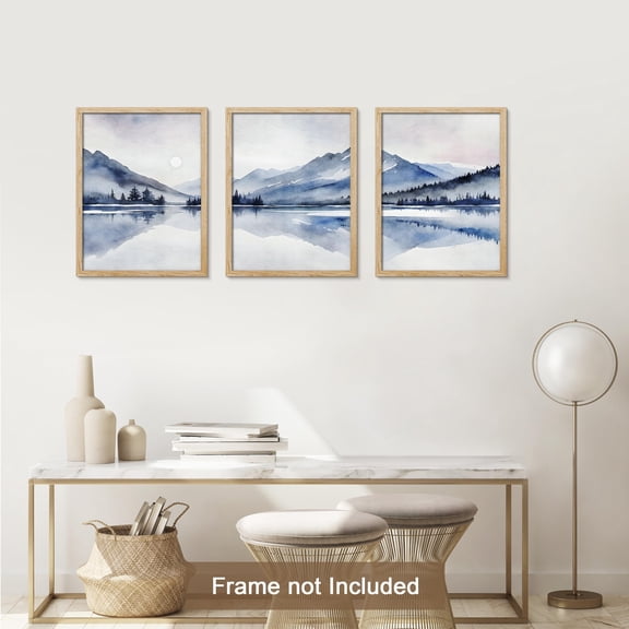 PixonSign Adhesive Canvas Print Wall Art Set - Abstract Geometric Mountains Lake Reflection Landscape Posters - Set of 3 Pastel Nature Wall Décor for Living Room, Bedroom, Office - 11"x14"