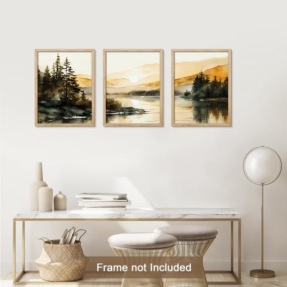 PixonSign Adhesive Canvas Print Wall Art Set - Alpine Dawn Watercolor Mountain Range Landscape Posters - Set of 3 Nature Farmhouse Decor Vintage Pastel Wall Décor for Living Room - 8"x10"