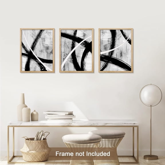 PixonSign Adhesive Canvas Print Wall Art Set - Black Gray White Geometric Paint Strokes Art - Set of 3 Abstract Shapes Illustrations Wall Décor for Living Room, Bedroom - 12"x16"x3 Panels Unframed