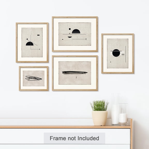 PixonSign Adhesive Canvas Print Wall Art Set - Black Sun Abstract Geometric Pattern Posters - Gallery Set of 5 Simple Brushstrokes Digital Art Minimal Zen Wall Décor for Living Room - Unframed