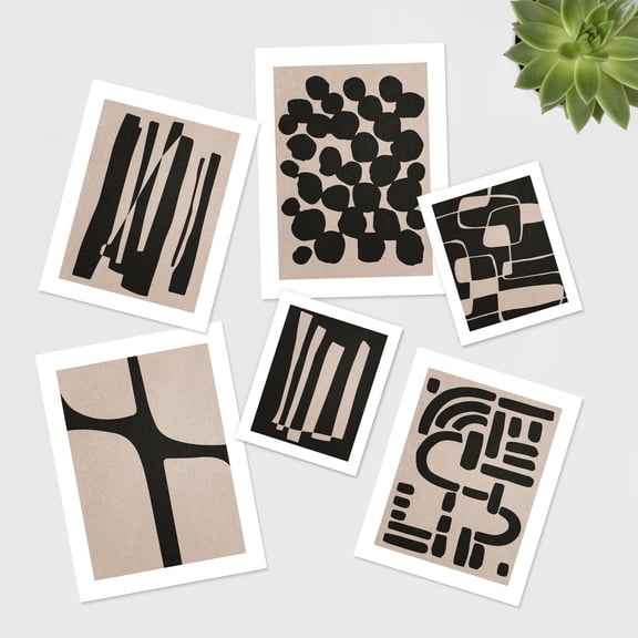 PixonSign Adhesive Canvas Print Wall Art Set - Black & Tan Grunge Polygon Pattern Poster - Collage Gallery Set of 6 Symbol Variety Abstract Geometric Illustrations Wall Décor for Home - Unframed
