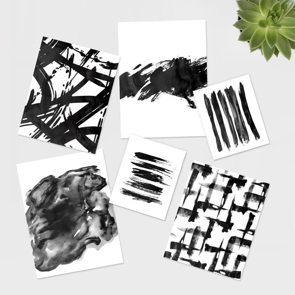 PixonSign Adhesive Canvas Print Wall Art Set - Black & White Grunge Paint Strokes Poster Modern Art - Collage Print Gallery Set of 6 Abstract Illustrations Wall Décor for Home - Unframed