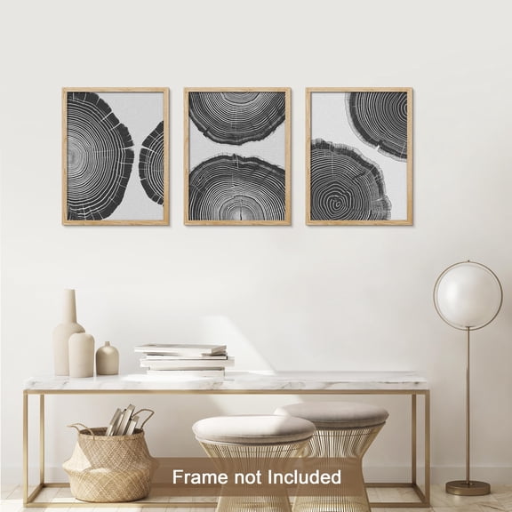 PixonSign Adhesive Canvas Print Wall Art Set - Black & White Tree Rings Pattern Poster Art - Set of 3 Nature Wilderness Botanical Plants Photography Wall Décor for Living Room - 8"x10"