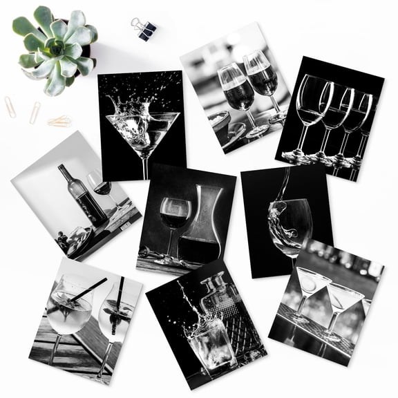 PixonSign Adhesive Canvas Print Wall Art Set - Black & White Wine Martini Cocktails Posters - Set of 9 Food Drinks Photography Modern Art Culinary Celebrations Wall Décor for Rooms - 11"x14"