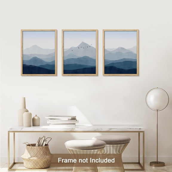 PixonSign Adhesive Canvas Print Wall Art Set - Blue Mountain Range Bird Sky Art - Set of 3 Nature Wilderness Landscape Art Abstract Modern Print Minimalism Wall Décor - 12"x16"x3 Panels Unframed