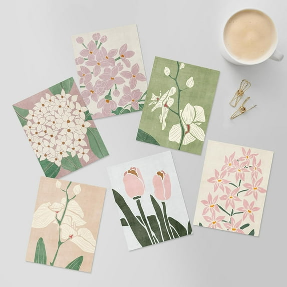 PixonSign Adhesive Canvas Print Wall Art Set - Blush Pink Pastel Wildflower Floral Posters - Set of 6 Vintage Retro Antique Mixed Media Country Cultural Art Wall Décor - 8"x10"x6