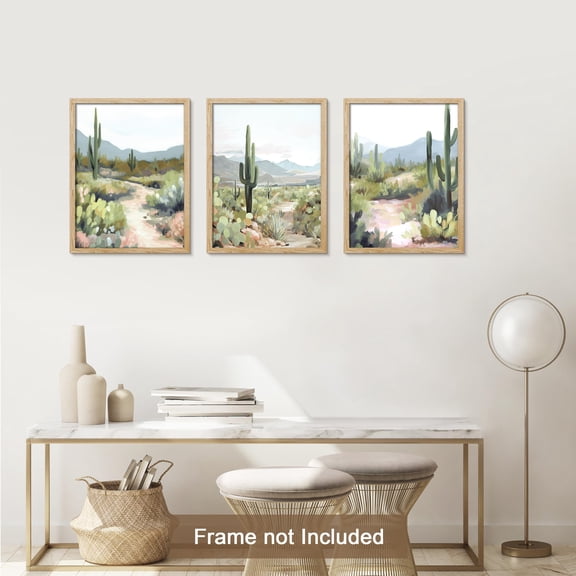 PixonSign Adhesive Canvas Print Wall Art Set - Desert Cactus Landscape Art - Set of 3 California Desert Botanical Southwest Farmhouse Wall Décor for Living Room, Bedroom - 8"x10" Panels
