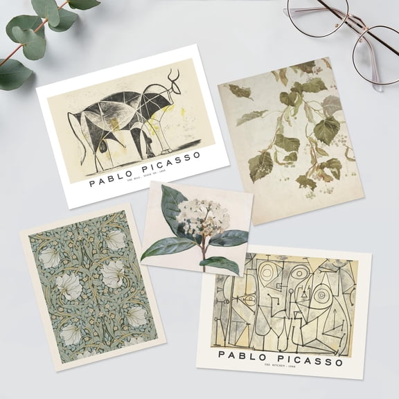 PixonSign Adhesive Canvas Print Wall Art Set - Famous Painting Poster Fine Art - Flower Botanical Collage Gallery Set of 5 Abstract Picasso Illustrations Wall Décor for Home - Unframed