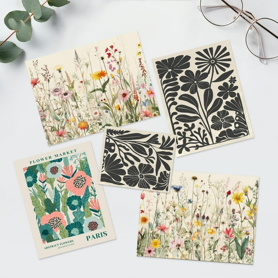 PixonSign Adhesive Canvas Print Wall Art Set - Flower Market Bouquet Wildflower Poster - Collage Gallery Set of 5 Nature Floral Botanical Illustrations Colorful Wall Décor for Home - Unframed