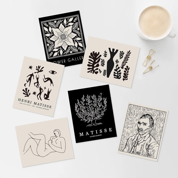 PixonSign Adhesive Canvas Print Wall Art Set - Flowers & Van Gogh Portrait & Humanities Pattern - Set of 6 Abstract Geometric Black & White Poster Cultural Art Wall Décor - 11"x14"x6