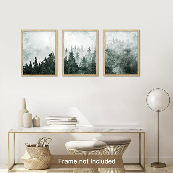 PixonSign Adhesive Canvas Print Wall Art Set - Foggy Pine Tree Forest Misty Mountain Art - Set of 3 Nature Wilderness Landscape Artwork Illustrations Wall Décor - 12"x16"x3 Panels Unframed