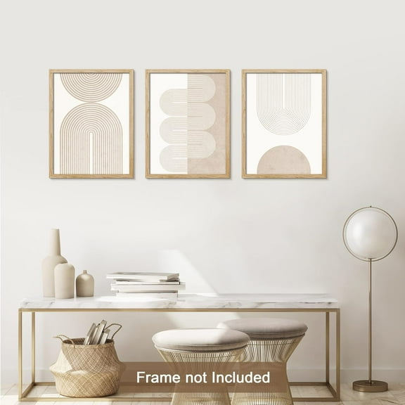 PixonSign Adhesive Canvas Print Wall Art Set - Geometric Duotone Tan Spiral Waves Shapes Art - Set of 3 Abstract Illustrations Nordic Wall Décor for Living Room, Bedroom - 12"x16"x3 Panels Unframed