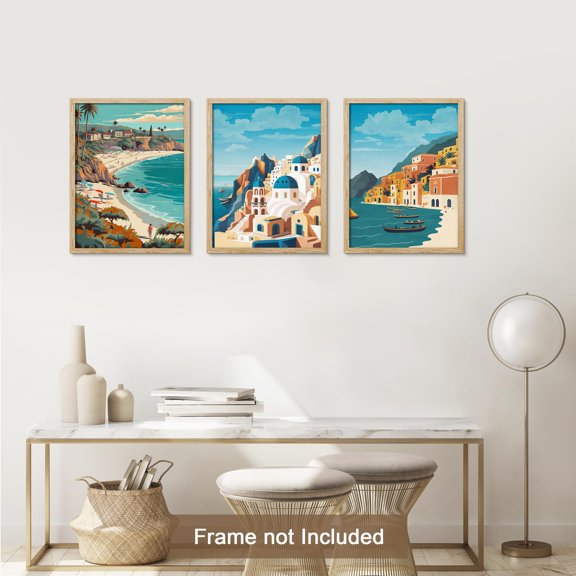 PixonSign Adhesive Canvas Print Wall Art Set - Mediterranean Tropical Beach Shore Ocean Posters - Set of 3 Travel Photo Seaside Illustrations Minimalist Wall Décor for Living Room - 8"x10"