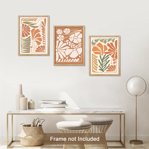 PixonSign Adhesive Canvas Print Wall Art Set - Mid-Century Modern Tropical Flower Print Posters - Set of 3 Boho Floral Illustration Boho Country Wall Décor for Bedroom, Office - 12"x16"x3 Unframed