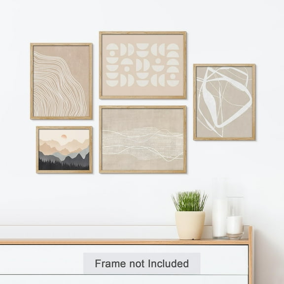 PixonSign Adhesive Canvas Print Wall Art Set - Mid-Century Spiral Ring Abstract Digital Art - Geometric Collage Gallery Set of 5 Duotone Landscape Illustrations Wall Décor for Home - Unframed