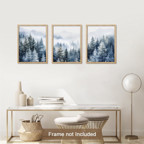 PixonSign Adhesive Canvas Print Wall Art Set - Misty Forest Nature Mountain Poster Arts - Set of 3 Pine Trees Plants Landscape Wall Décor for Living Room, Bedroom, Office - 8"x10"
